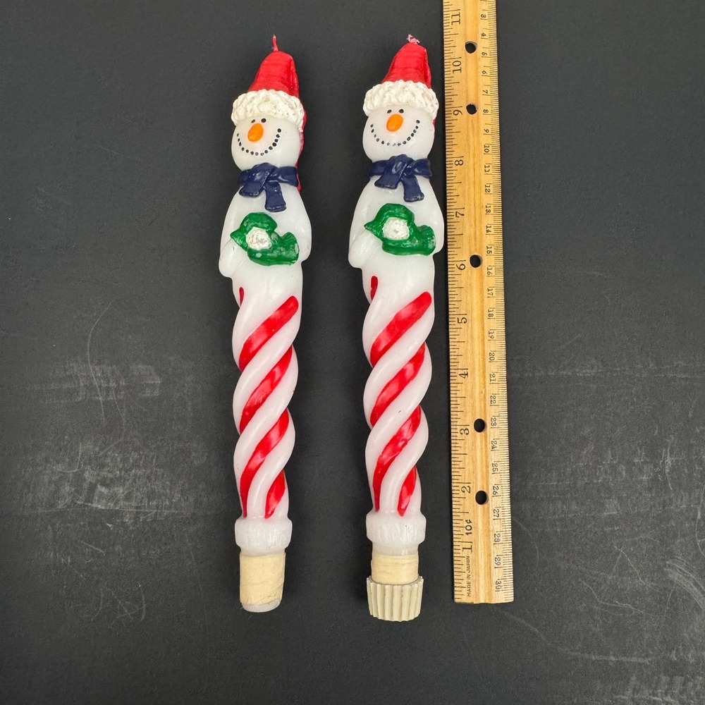 2 Vtg 10in Molded Wax Snowman Taper Candle Stick Holiday Winter Christmas READ
